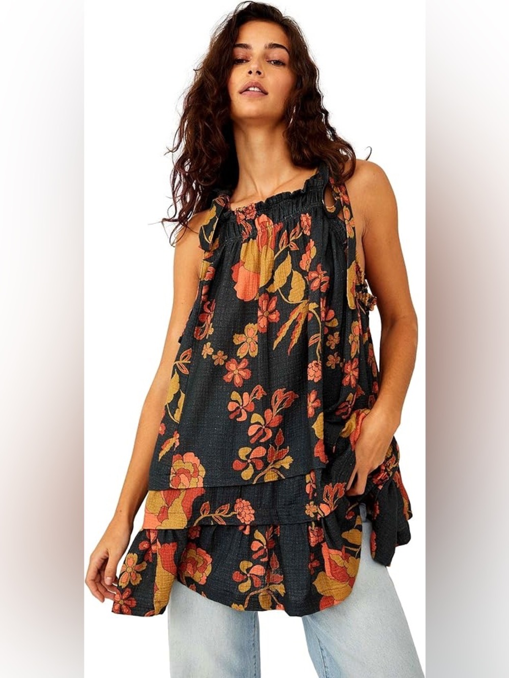 Revolve Free People Fluer Printed Tunic 100% Cotton gauze bow shoulder Large
